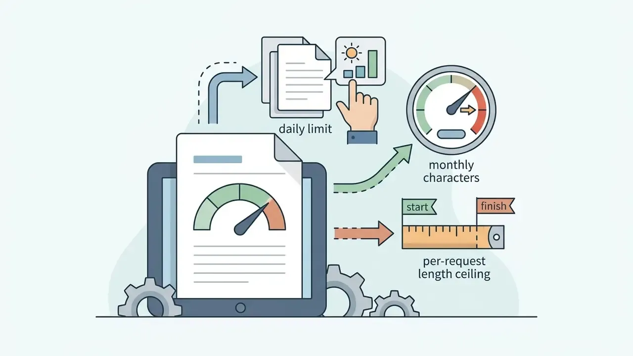 Tablet showing a document gauge with icons for daily limits, monthly characters, and length ceilings