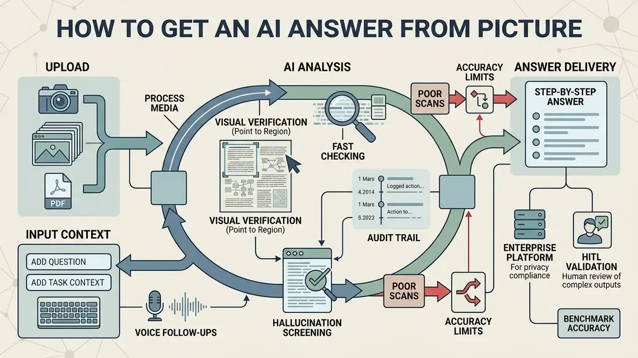 Flowchart detailing the AI analysis cycle from media upload to final step by step answer delivery