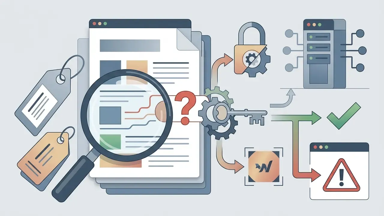 Magnifying glass examining a legal document with tags leading to a server and security icons