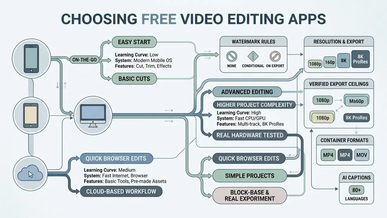Decision tree infographic comparing mobile, desktop, and browser-based video editing workflows