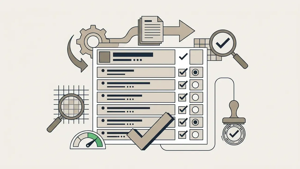 Checklist form surrounded by a gear, magnifying glass, document icon, and a stamp indicating approval