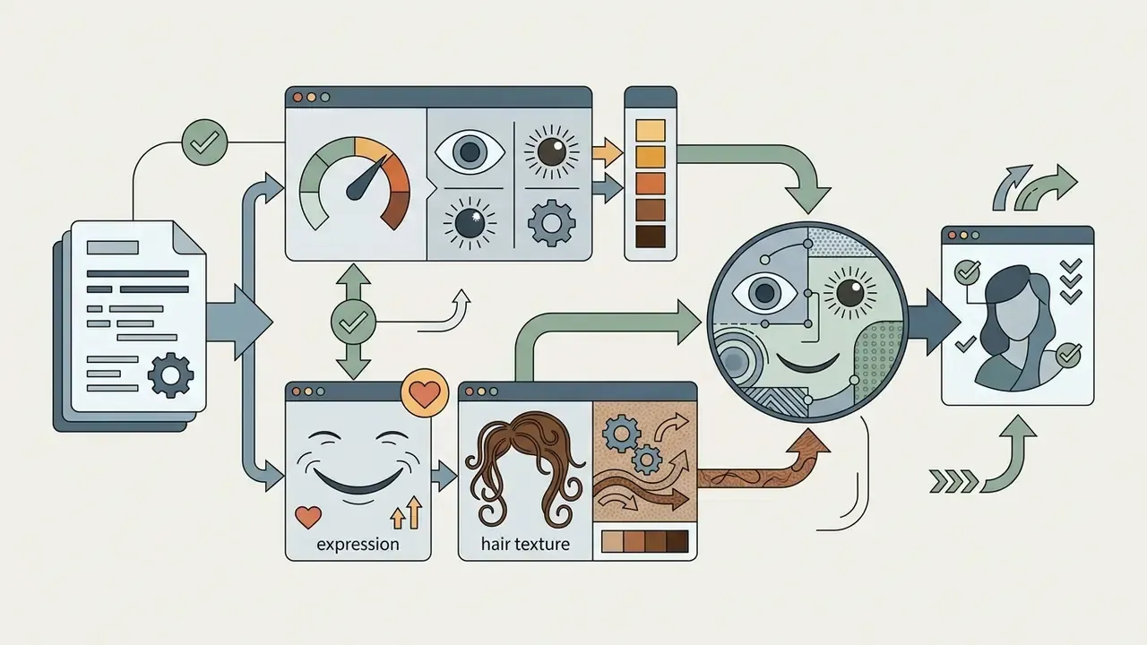 Visual representation of character customization inputs flowing into a central facial processing model