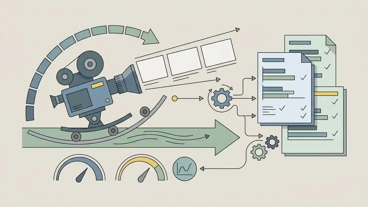 Film camera on a dolly track projecting frames into a gear mechanism and processed document stack