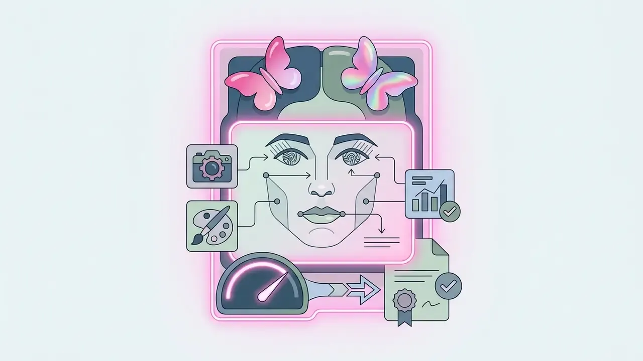 Stylized portrait with butterfly clips surrounded by camera, art, and data processing icons
