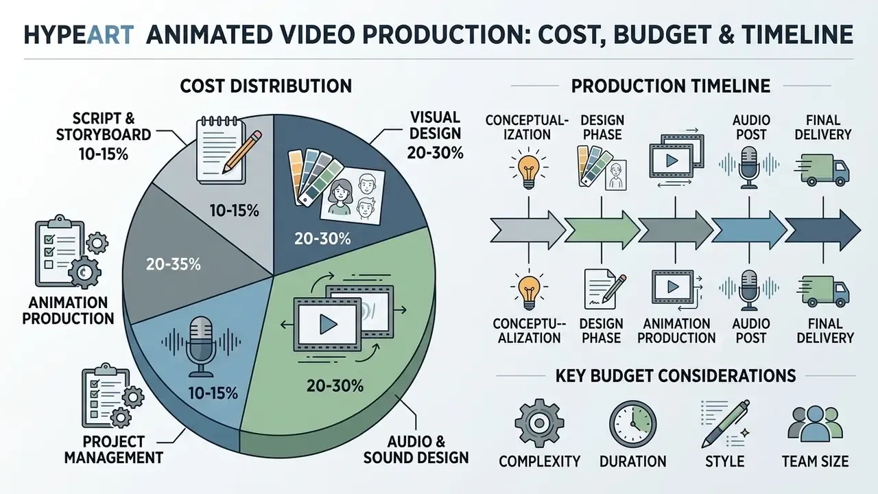 Pie chart showing budget allocation across project phases alongside a timeline and key cost factors