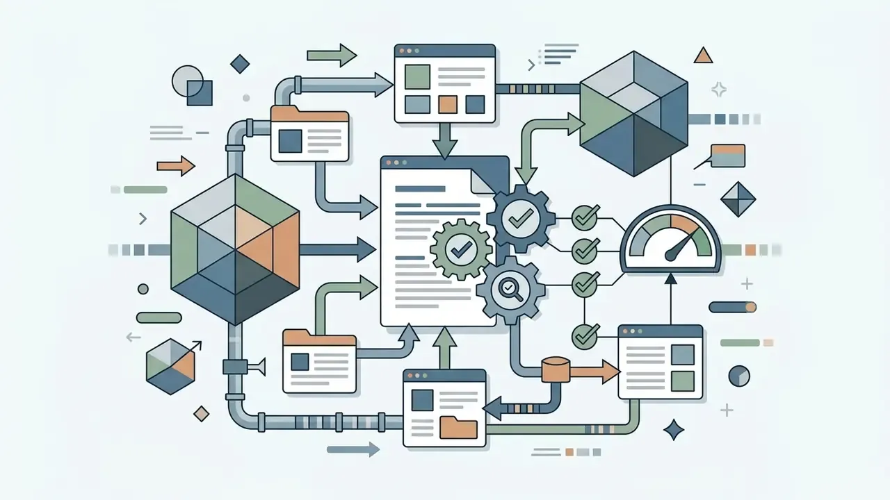 Flowchart showing data processing through interconnected documents, gears, and a performance gauge