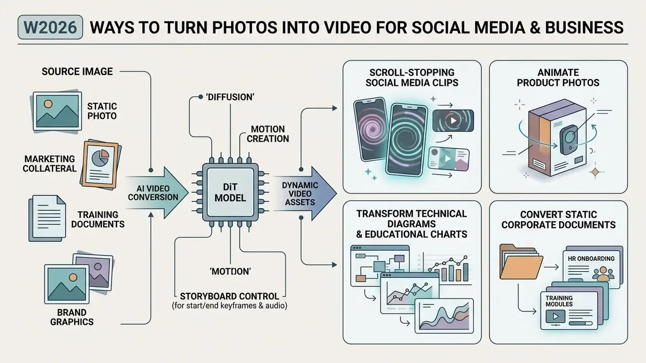 Process flow showing how to turn a picture into AI video for marketing and business applications