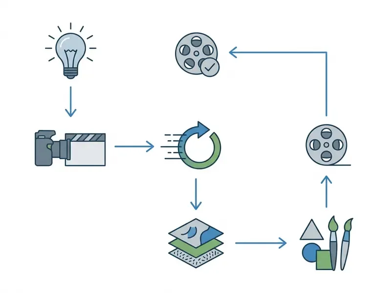 Flowchart icons representing the steps of concept, camera action, layering, artistic style, and review
