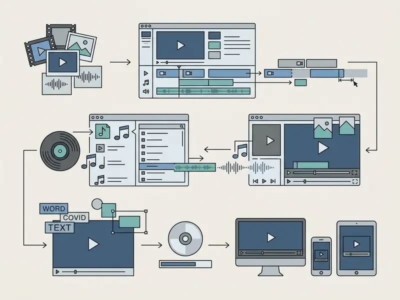 Flowchart illustrating the sequence of uploading media, editing tracks, adding text, and exporting video