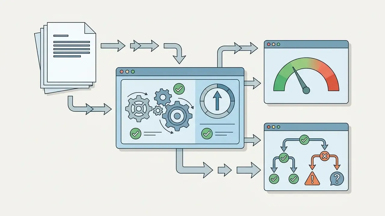 Documents feeding into a central processing unit that outputs to a gauge and a decision tree diagram