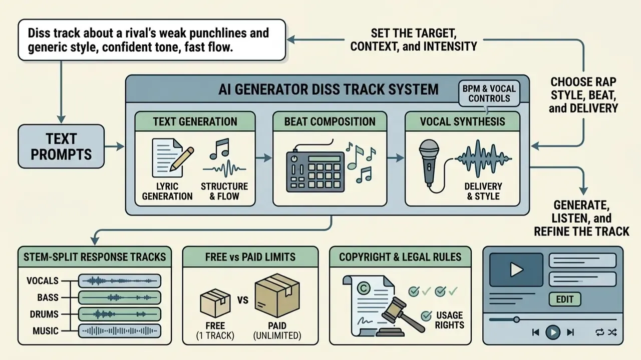 Diagram showing the workflow of an AI diss track generator from text prompts to final audio production