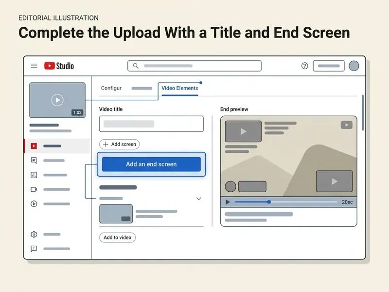 YouTube Studio interface highlighting the Add an end screen button within the Video Elements tab
