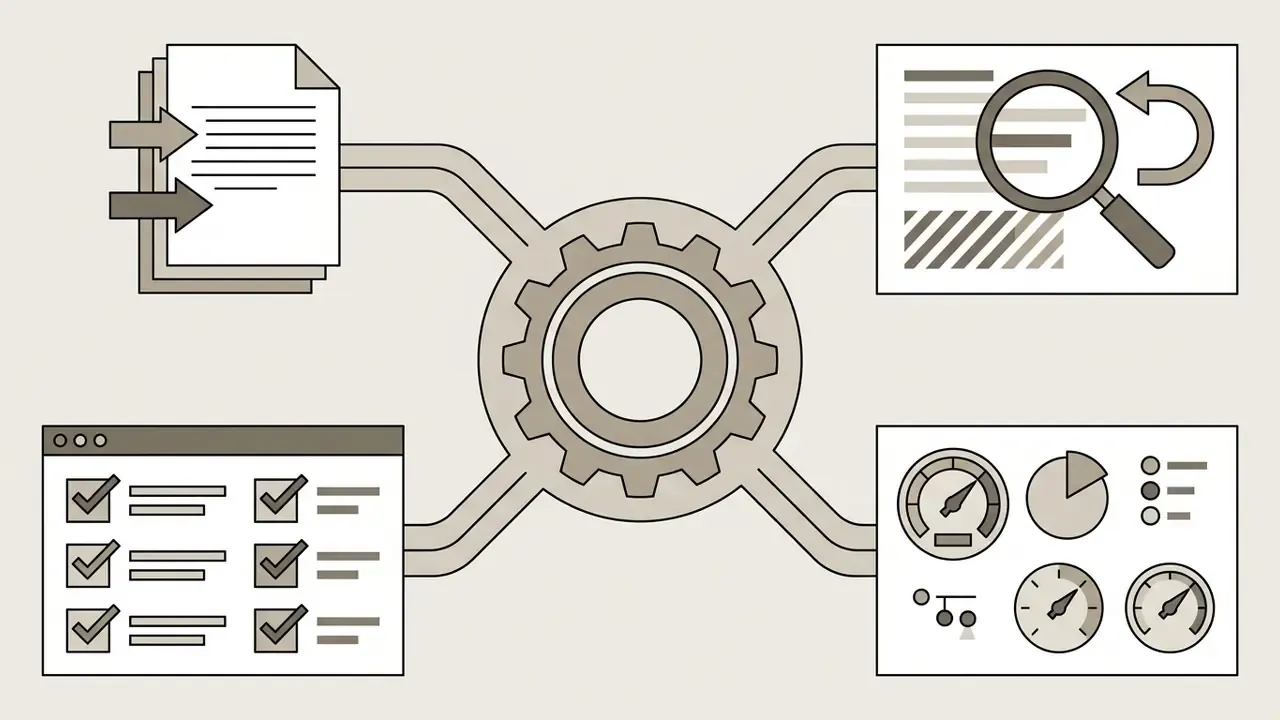 Gear mechanism linking document processing, magnifying glass analysis, checklist output, and data gauges