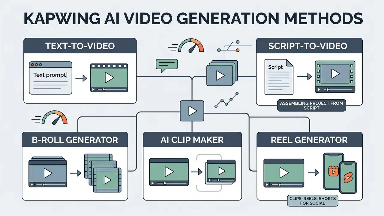 Flowchart displaying five distinct automated workflows for creating video content from various inputs