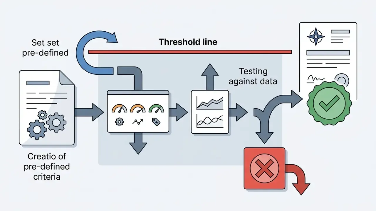 Sequence showing criteria creation, performance testing against a threshold, and approval or rejection outcomes