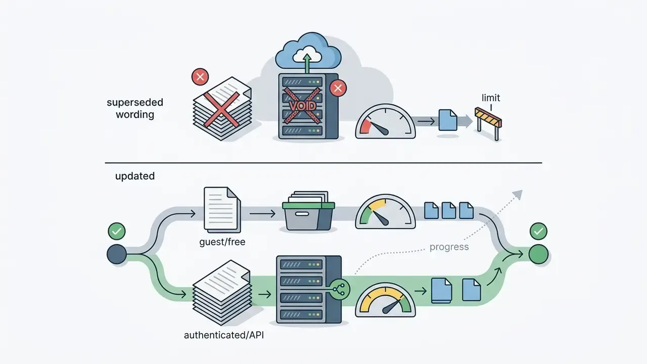 Comparison of outdated server limits versus updated pathways for guest and authenticated file processing