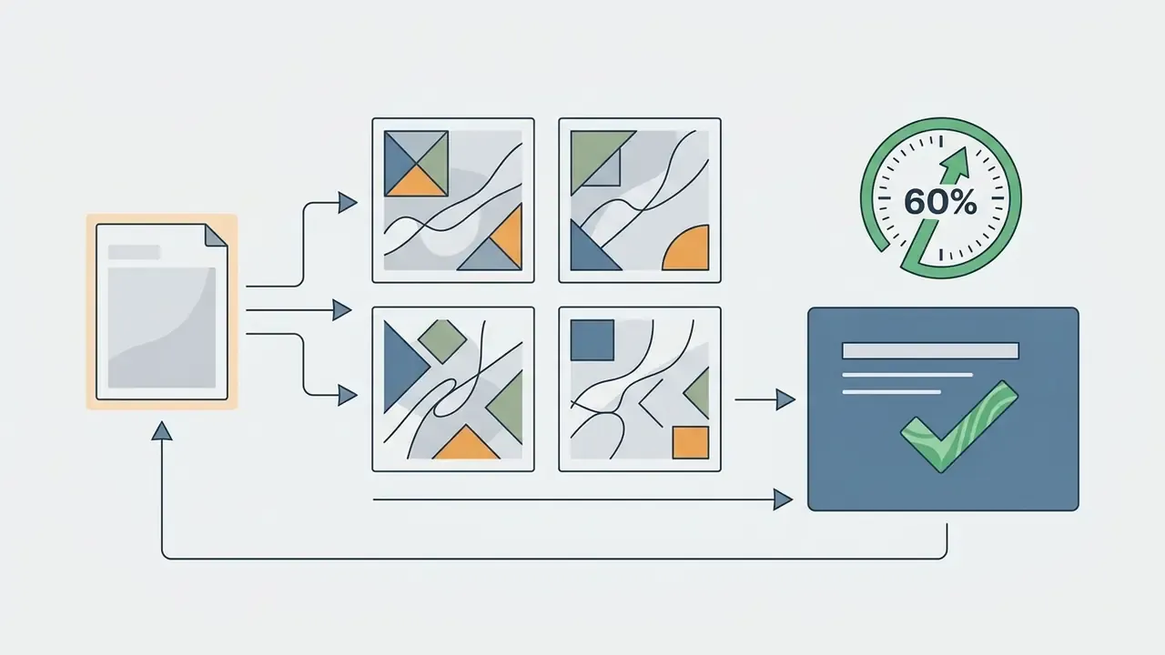 Document icon branching into four image variations with a performance gauge and a final approval checkmark