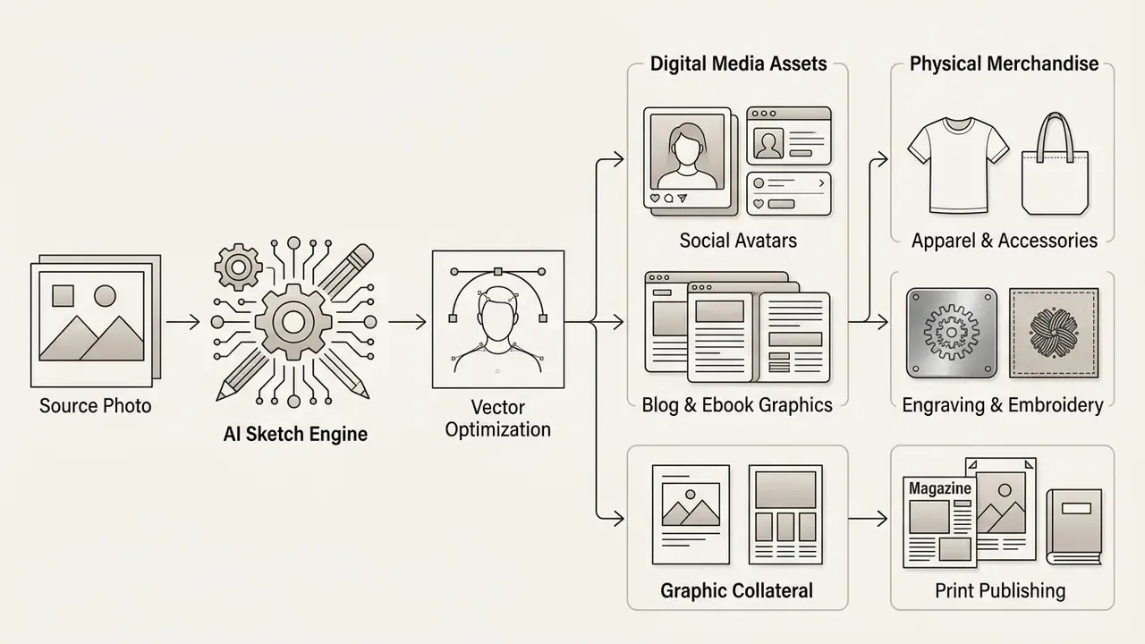 Workflow showing a source photo processed into vector assets for digital media and physical merchandise