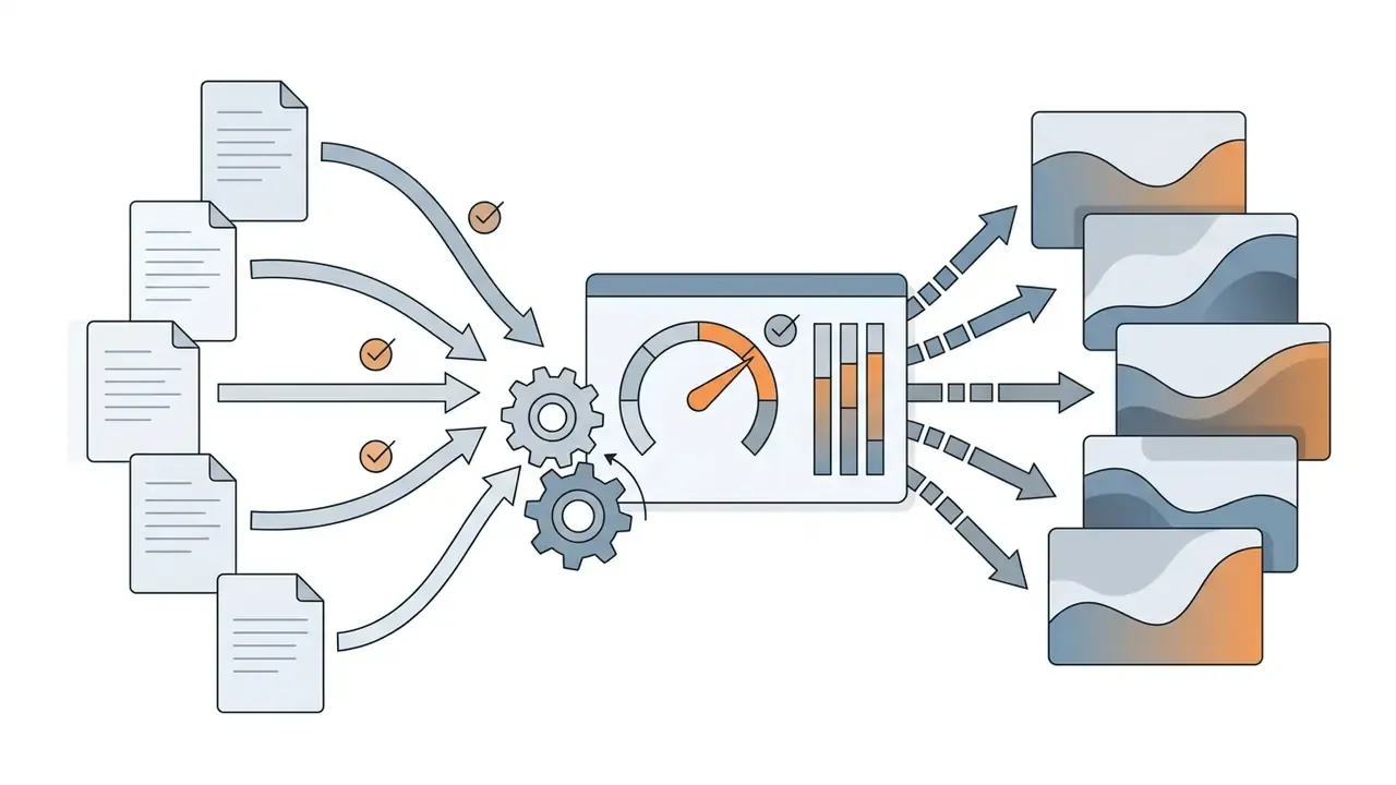 Document icons feeding into a central processing gear and gauge unit that outputs multiple data graphs