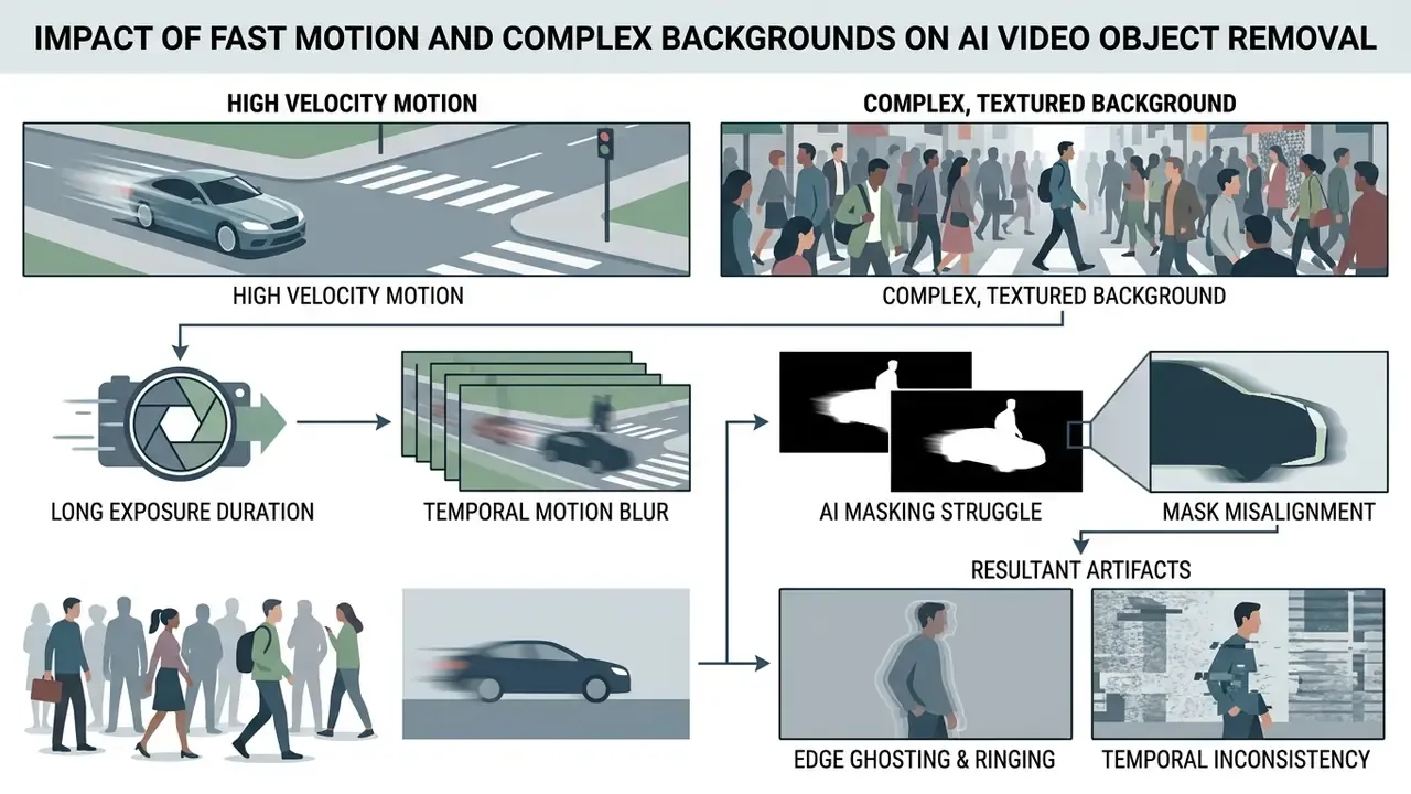 Diagram showing how high velocity and complex backgrounds cause motion blur and AI masking errors