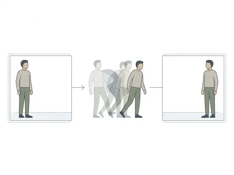 Diagram showing a person moving from a left frame to a right frame using AI motion interpolation