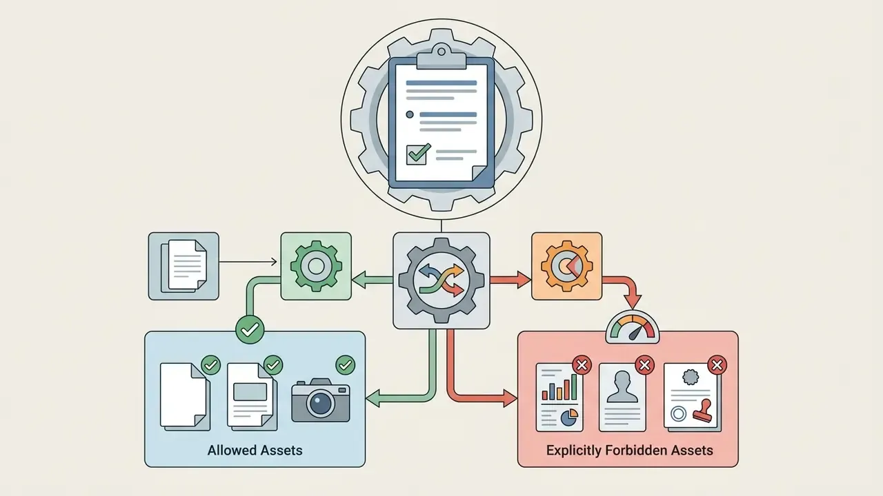 Process map separating allowed assets from forbidden content with gear icons and status indicators