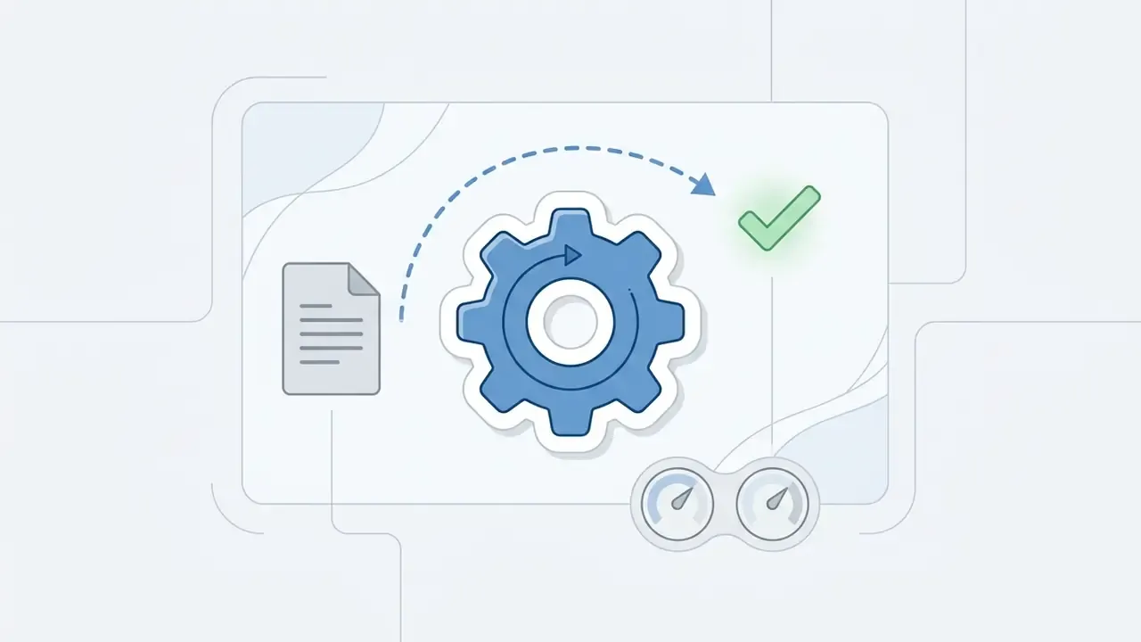 Blue gear icon with a circular arrow moving toward a green checkmark next to a document and gauges