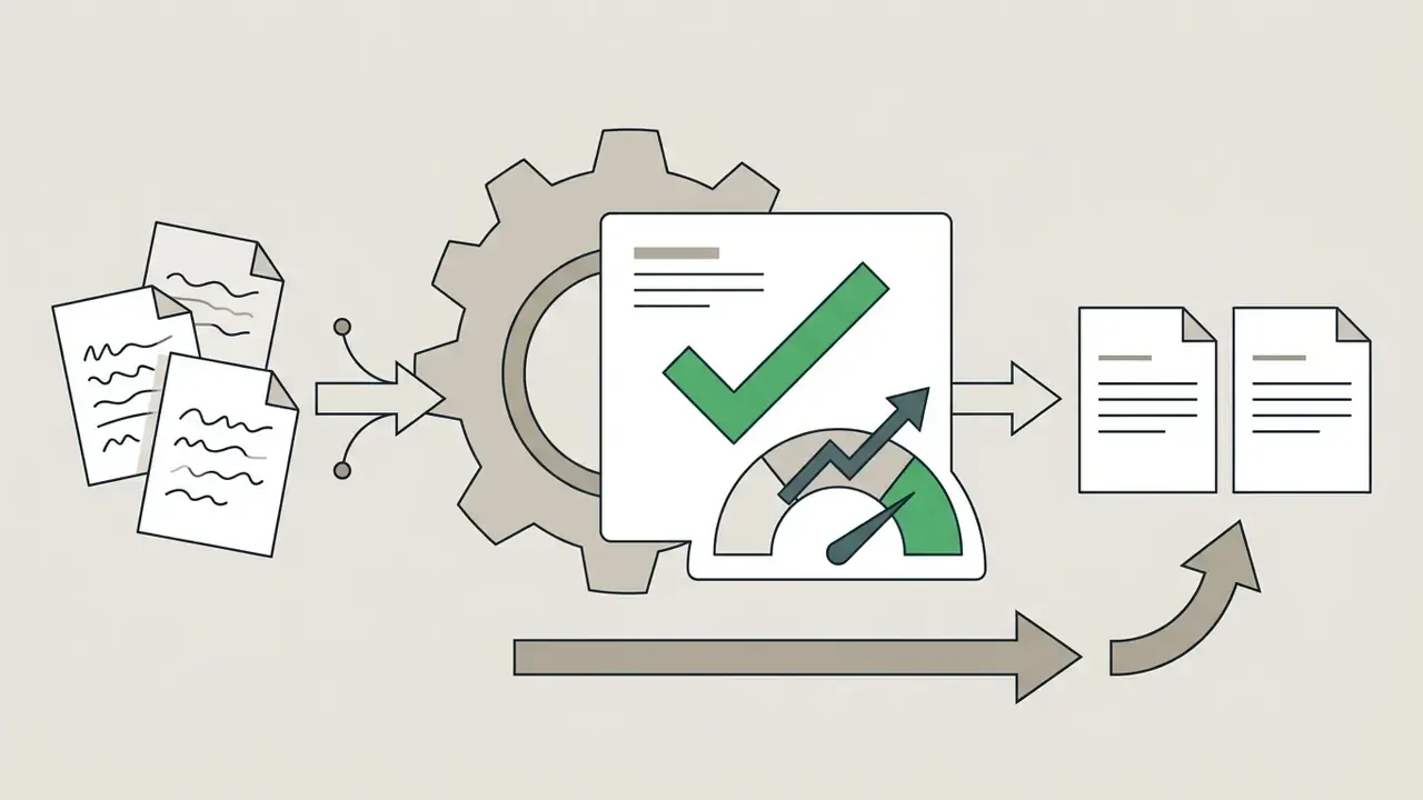 Documents moving through a central gear and gauge to produce organized files with a feedback loop