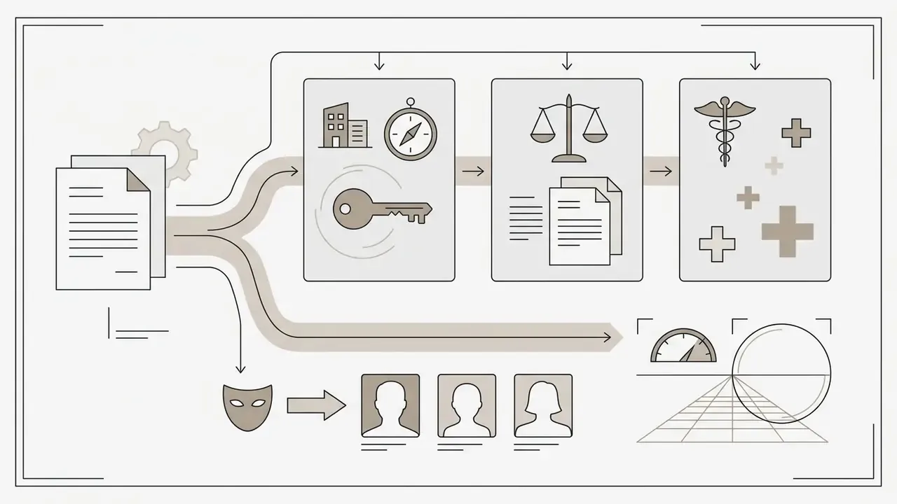 Documents feeding into panels for real estate, legal, and medical sectors alongside portrait templates