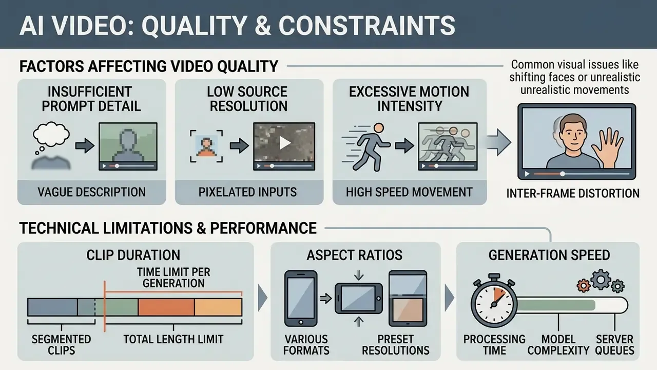 Infographic detailing common causes of poor video quality and technical constraints like duration and speed
