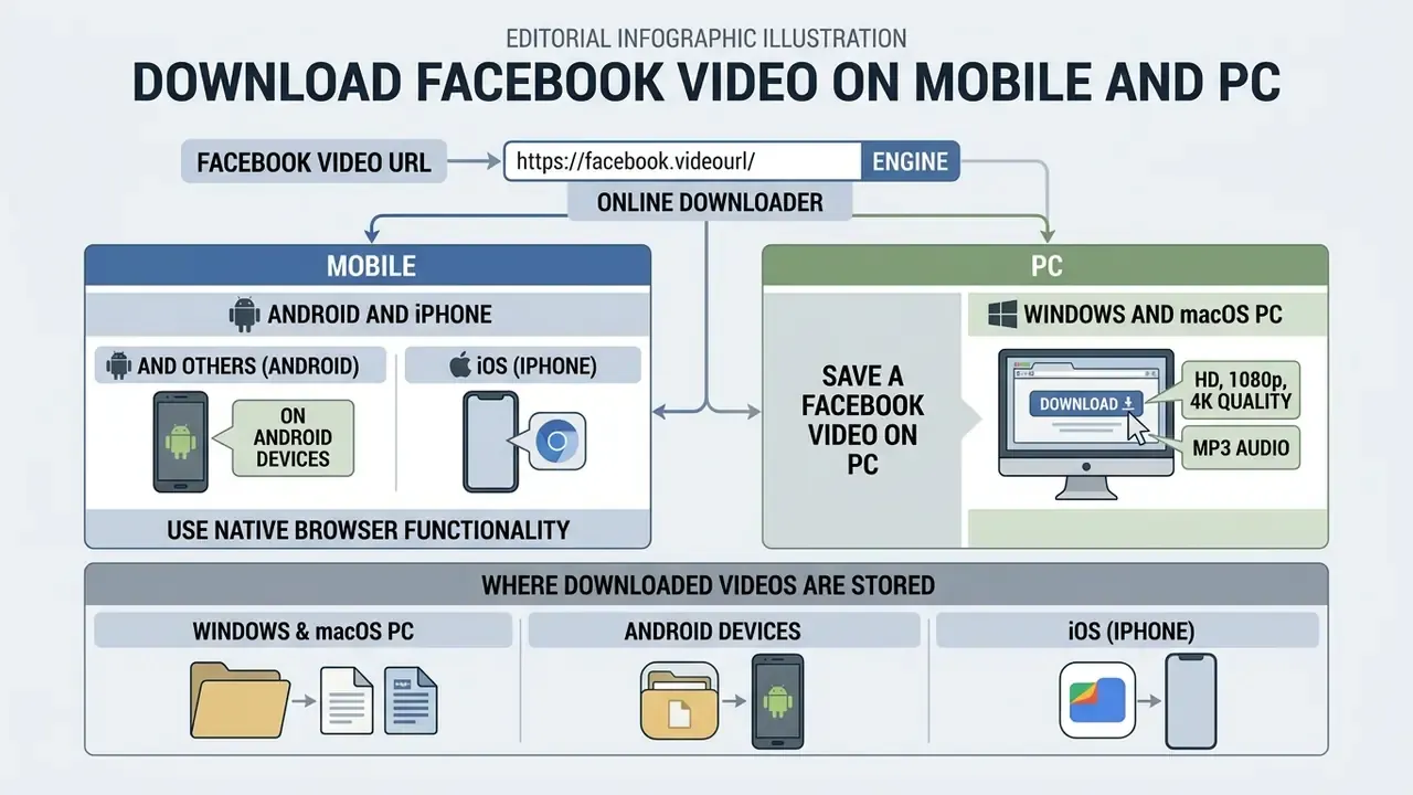 Diagram showing how to perform a Facebook video download online across mobile and desktop devices