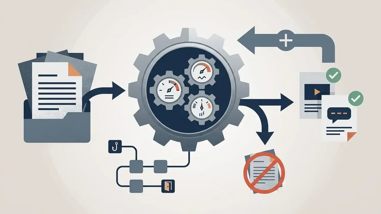 Documents feeding into a central gear system that analyzes content to produce approved or rejected outputs