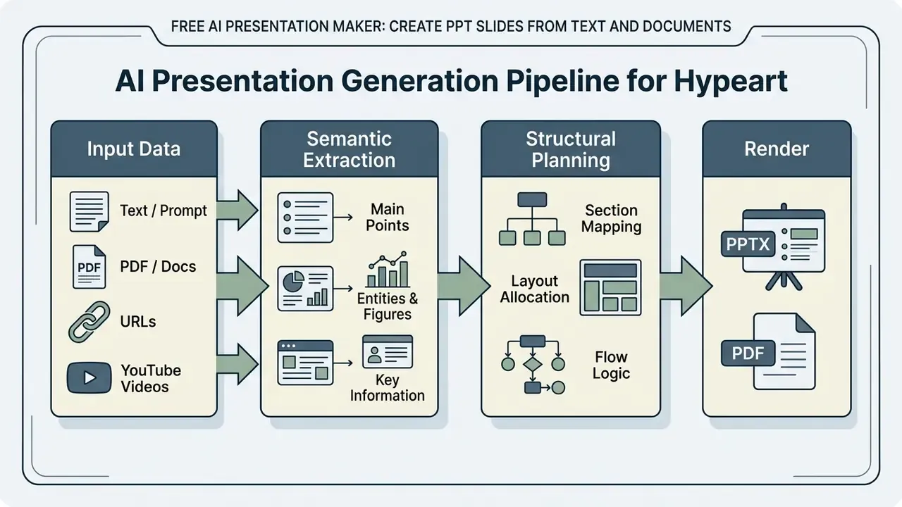 Flowchart showing the four stages of an AI presentation generation pipeline from input to final output