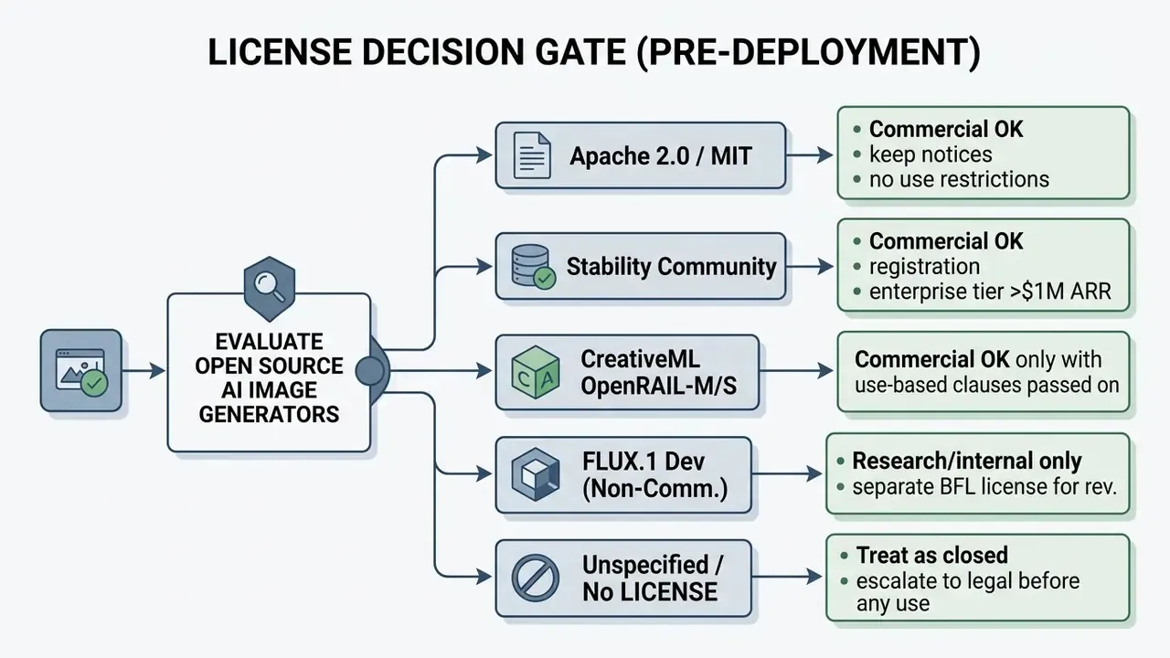Flowchart outlining licensing requirements for deploying open source AI image generator models