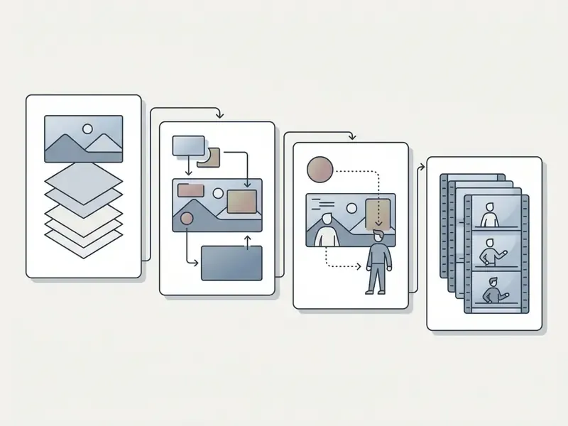 Flowchart showing the progression from layered assets to character animation and final film strip output