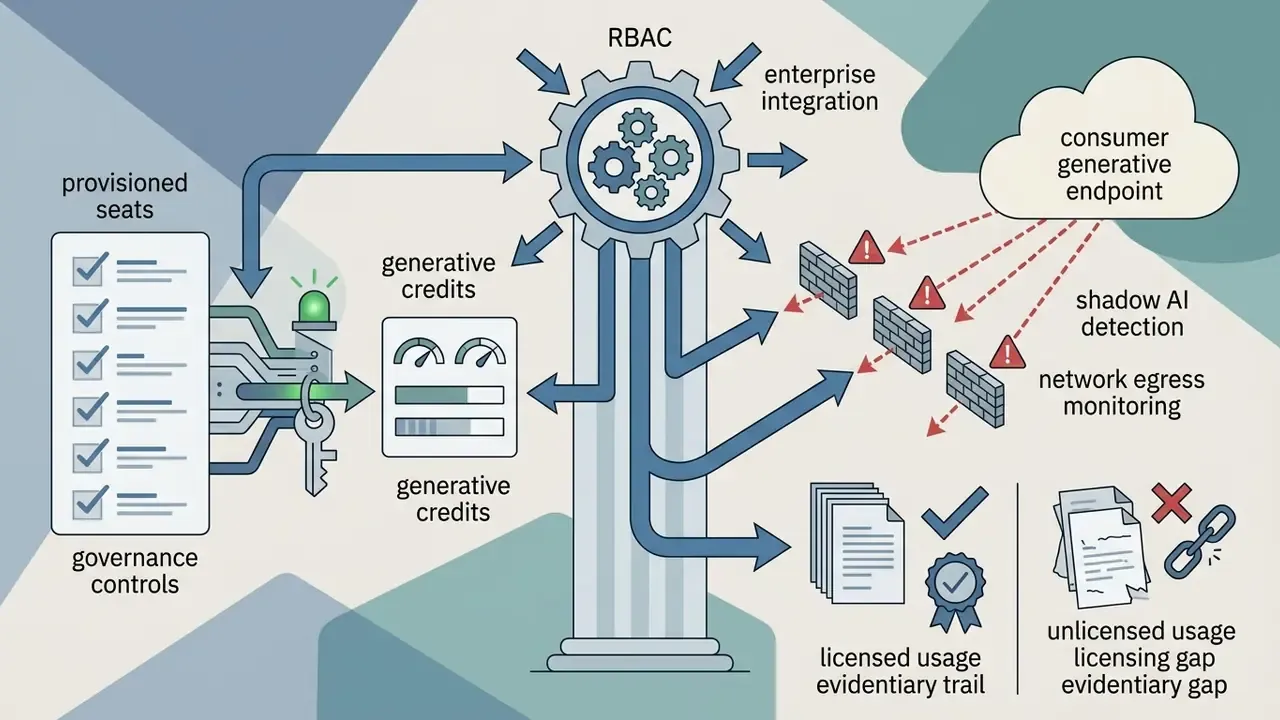Central gear mechanism connecting provisioned seats, generative credits, and network egress monitoring