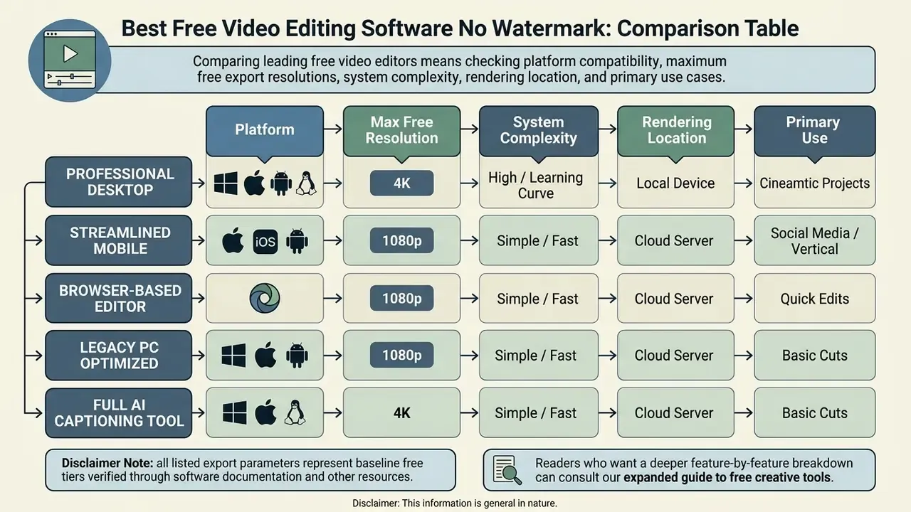 Comparison chart detailing platform compatibility, resolution, and system requirements for video editors