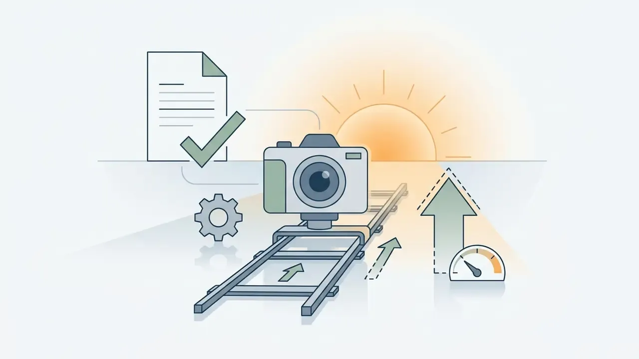 Camera on dolly tracks with a document, gear icon, and speedometer representing motion and settings