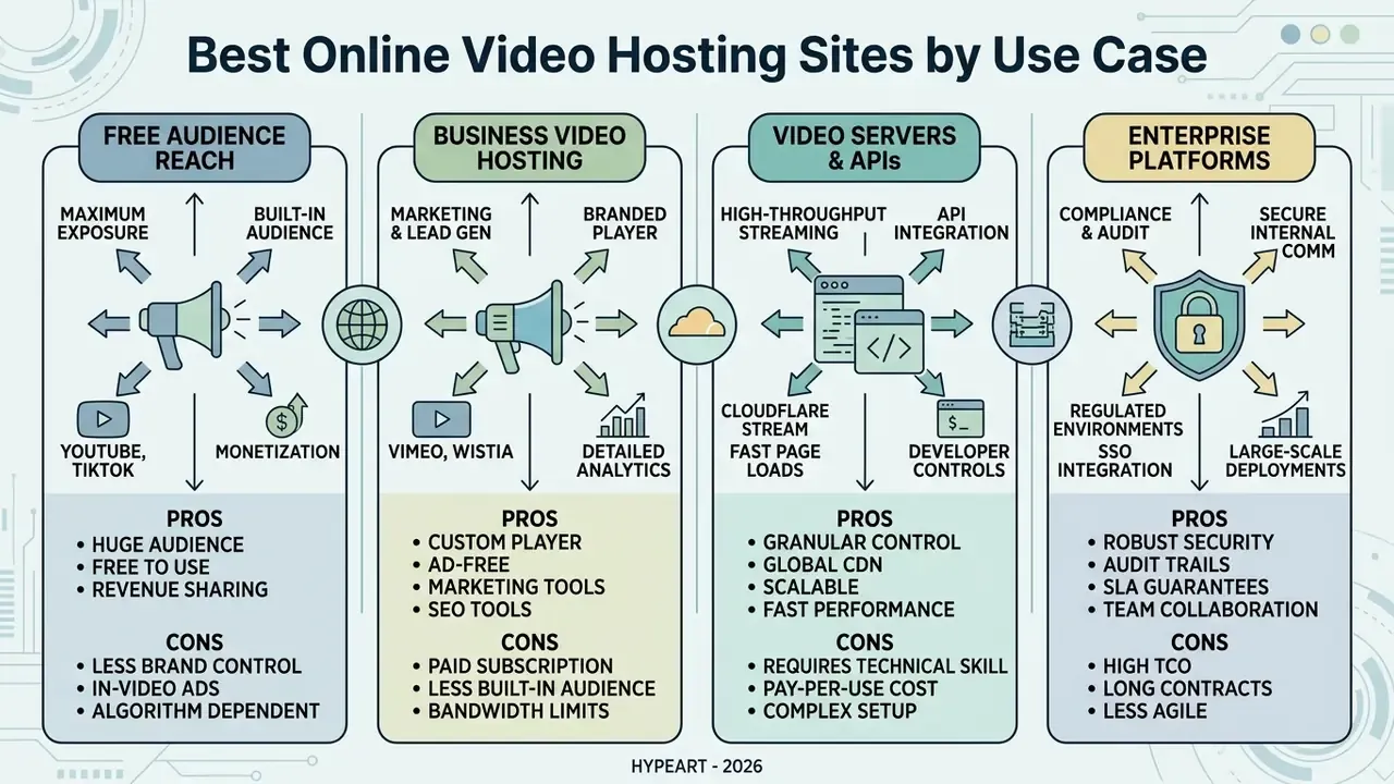 Categorization of media platforms by use case including pros and cons for each deployment model