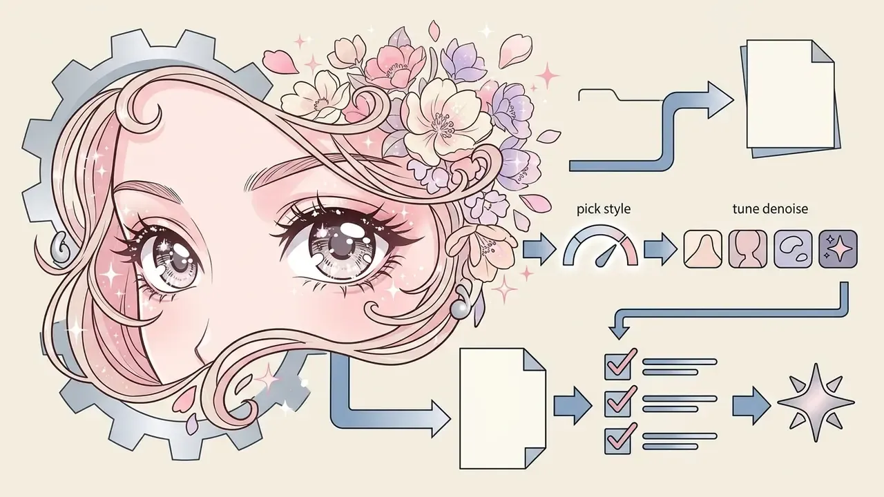 Shojo style character face with floral accents connected to style selectors and a document processing flow