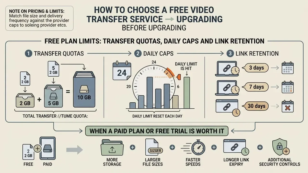 Diagram comparing transfer quotas, daily caps, and link retention to decide on a paid video transfer plan