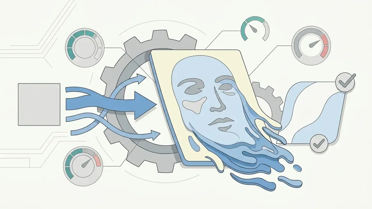 Stylized face on a screen melting into liquid with mechanical gears and gauges in the background