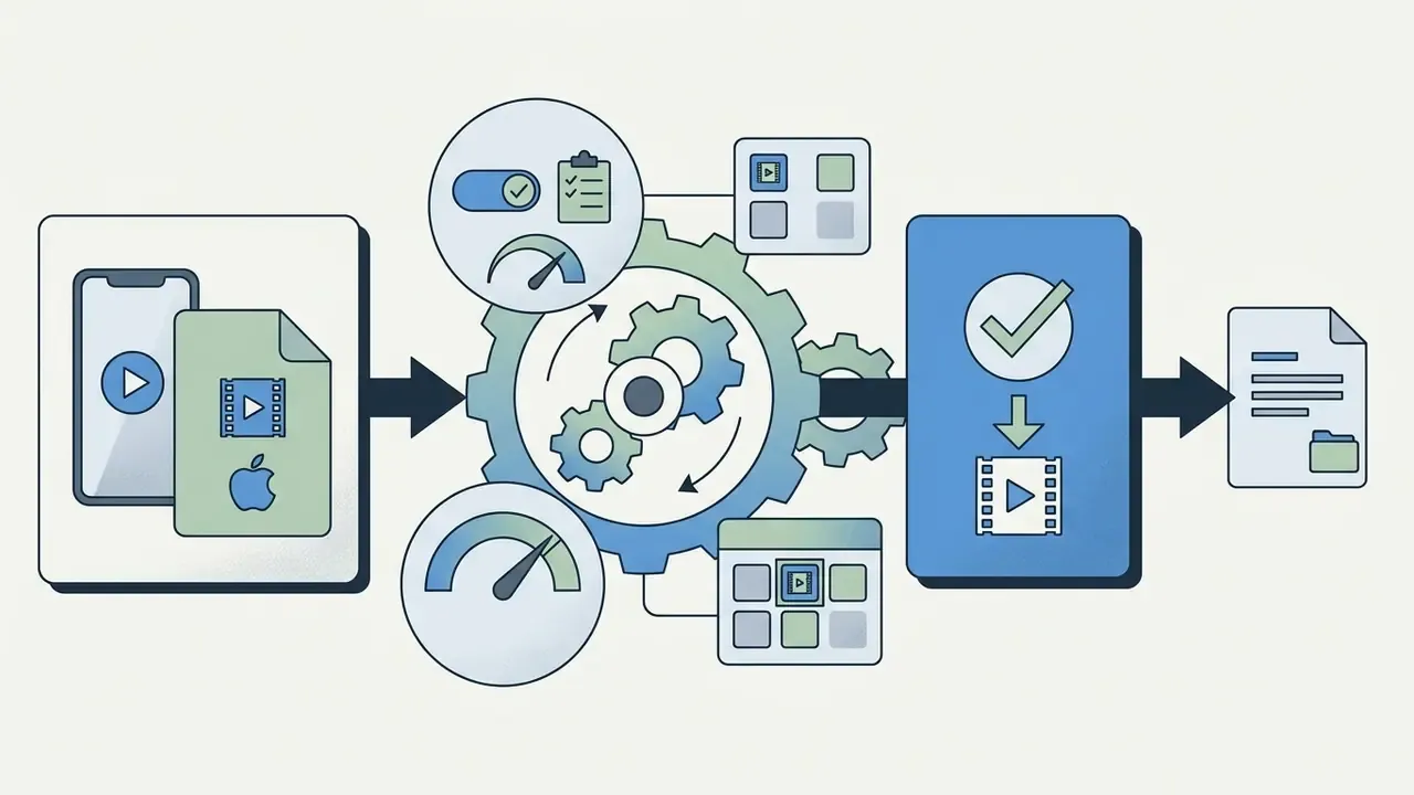 Smartphone video file moving through a central gear mechanism to be processed into a new output file