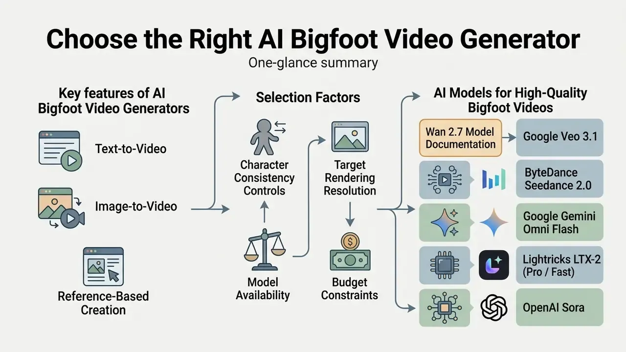 Diagram comparing AI video generation features, selection factors, and available software models
