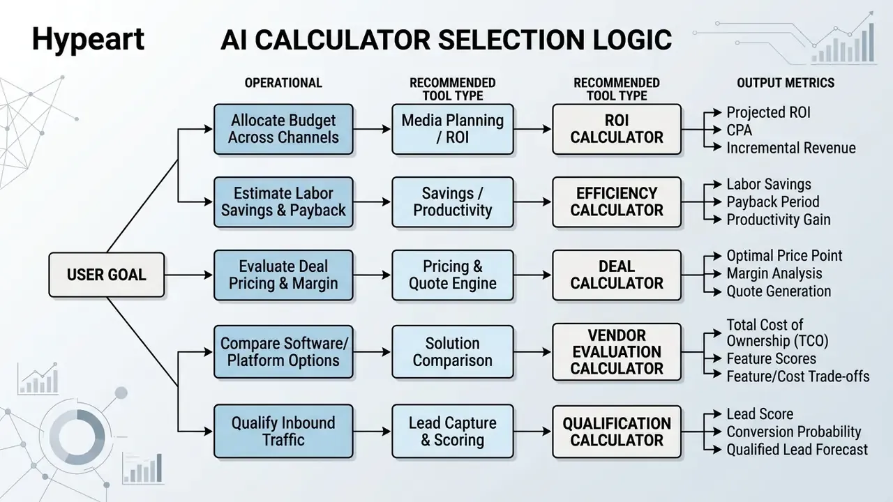 Decision flow chart mapping specific user goals to recommended calculator tools and output metrics
