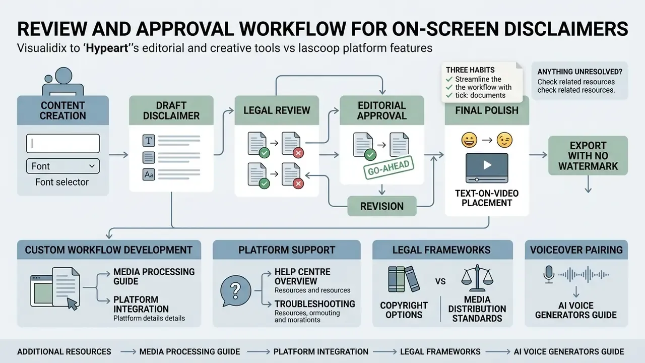 Flowchart outlining the stages of content creation, legal review, and final approval for video disclaimers