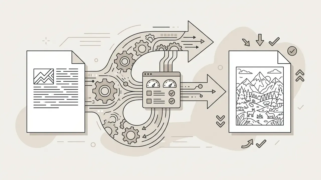 Document with text and image moving through gears and a performance gauge into a mountain landscape page
