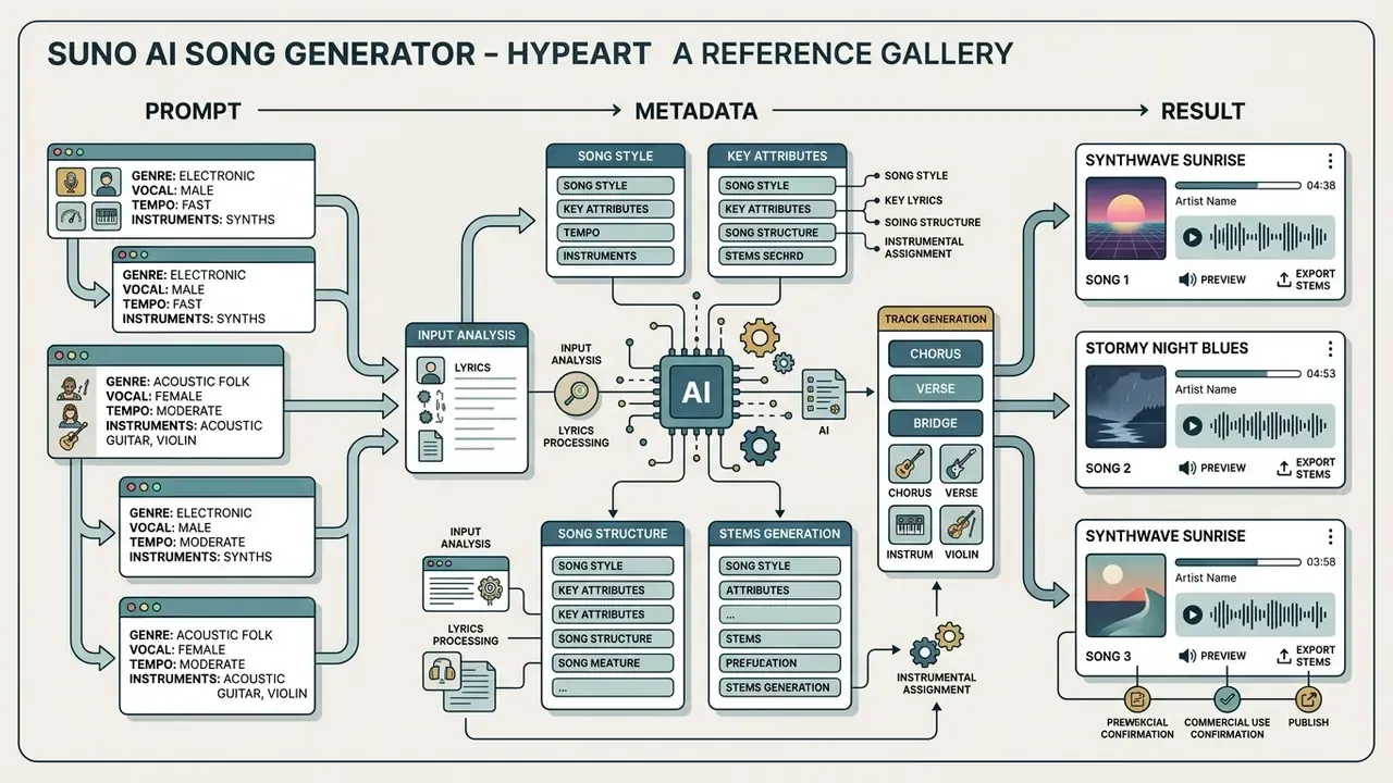 Flowchart showing how musical prompts and metadata are processed by AI to generate finished audio tracks