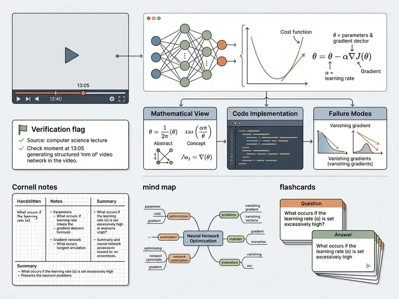 Diagram showing neural network optimization concepts transformed into Cornell notes, mind maps, and flashcards
