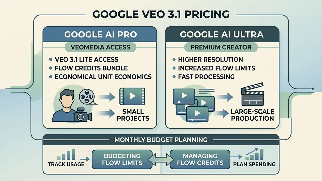 Summary of Google Veo 3.1 pricing tiers comparing Pro and Ultra plans for individual and creator needs